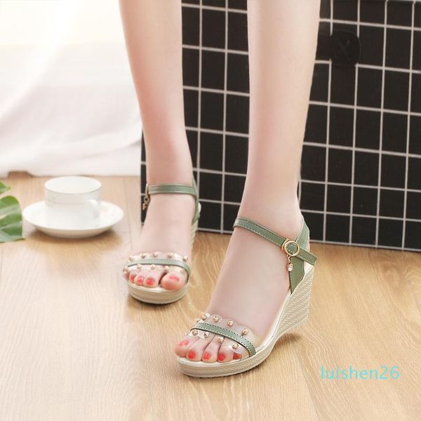 

summer beach shoes woman sandals wedge high heels open toe women shoes transparent rivet buckle strap ladies sandals plus size l26, Black