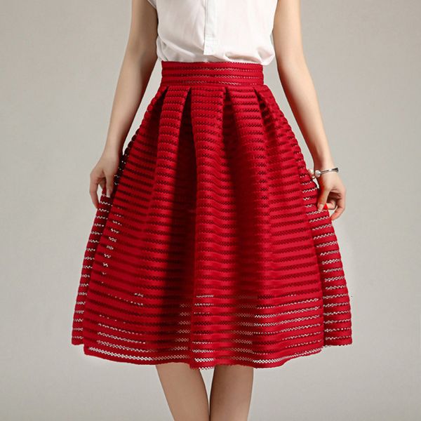 

2020 large size summer style vintage skirt solid reds women skirts casual hollow out fluffy pleated female ball gown long skirts, Black