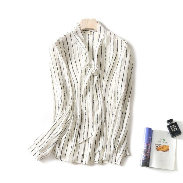 

summer new products] jinju summer new korean style streamer striped long-sleeved mulberry silk silk blouse, White