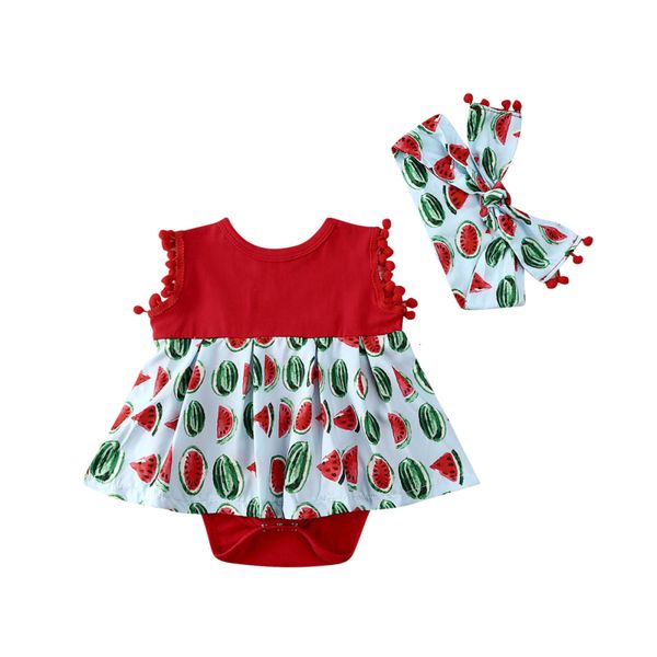 

2020 baby summer clothing toddler kids baby girls clothes floral jumpsuit dress bodysuit watermelon outfits headband 2pcs, Blue