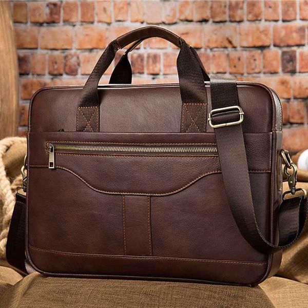 

genuine leather men briefcase full grain leather lapbag vintage male business tote cowskin shoulder messenger bags