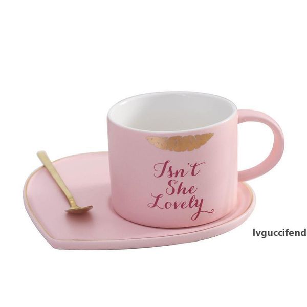 

creative ceramic coffee mug lovers heart-shaped coffee cup with gilt spoon tumbler coffee mugs for milk water cup set gift t200506