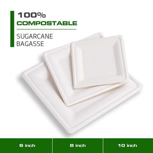 

wholesale 6 8 10 inch square sugarcane plate ecofriendly 100% compostable from natural bagasse firber 125 pack