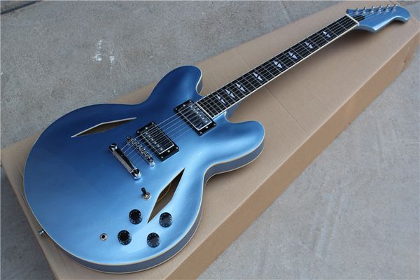 

custom shop dave grohl dg 335 metallic blue semi hollow body jazz electric guitar guitarra dual diamond holes split diamond white mop inlay