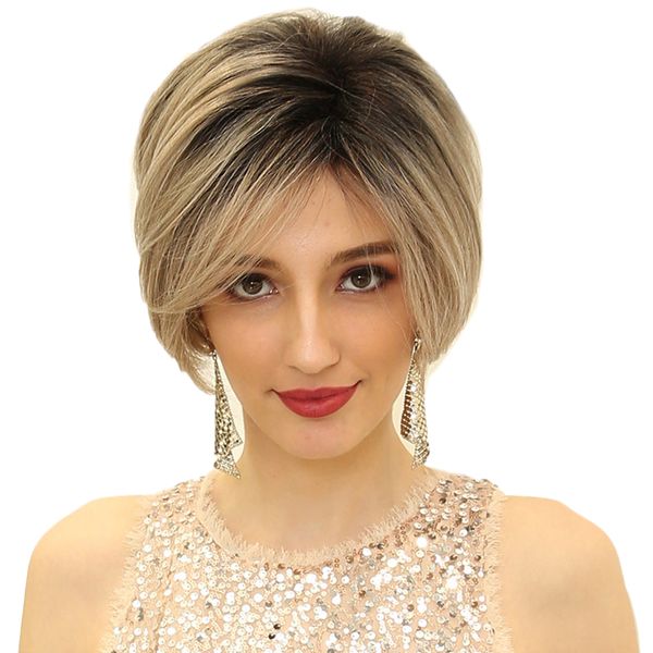

women blonde black short bob wig human hair side part fluffy layered wig 10