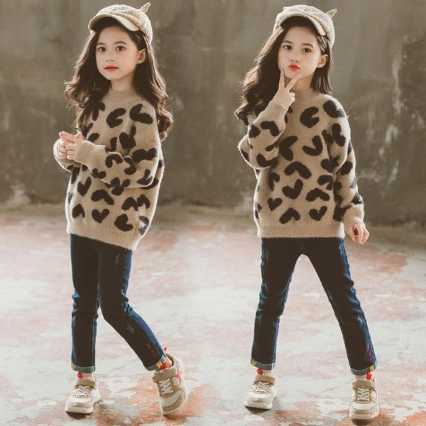 

girls fleece lining thick children leopard-print mink cashmere in the cashmere wool sweater wool big mock-neck children's sweater, Blue