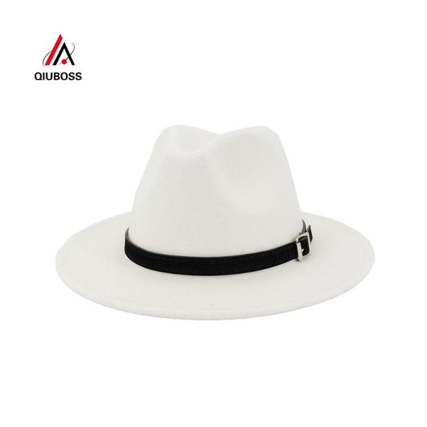 

qiuboss men women wide brim wool felt fedora panama hat with belt buckle jazz trilby cap party formal hat in white,black, Blue;gray