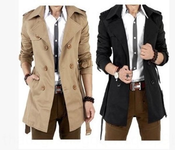 

2020 autumn new men's windbreaker men's slim korean double-breasted mid-length windbreaker coat fashion coat for men, Tan;black
