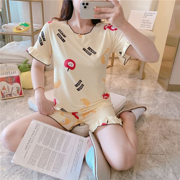 

vy9ji korean style short-sleeved pajamas women thin women's loose round clothing pajamas pullover collar home clothes students sweet pu, Blue;red