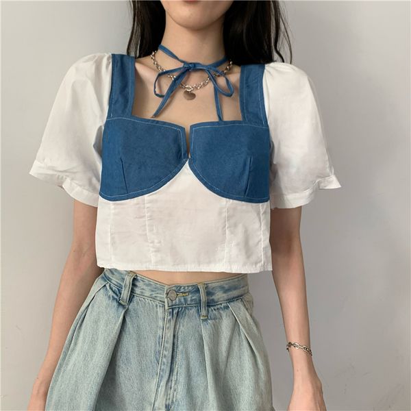 

womens and blouses summer women casual cropped puff sleeve shirt female denim shirts women's fashion short blouse girls top, White