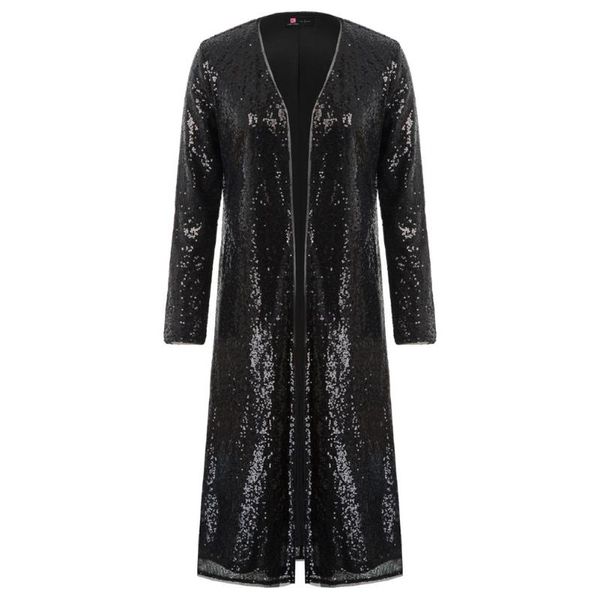 

kk women sequined coat long sleeve open front sparkling sequins mid calf length sparkling sequins long sleeve, Black;brown