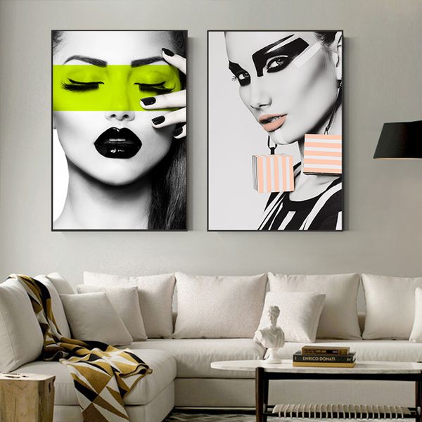 

abstract gothic girl canvas painting black lips nordic wall art picture for living room home decor (no frame