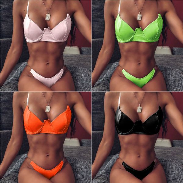 

2020 high waist bikini womens split swimsuit shiny underwear push up swimwear invisible string bikini set, White;black