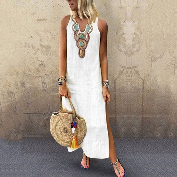 

women summer dress women vestidos femininprinted sleeveless v-neck maxi dress split hem baggy kaftan long dress vintage dres, Black;gray