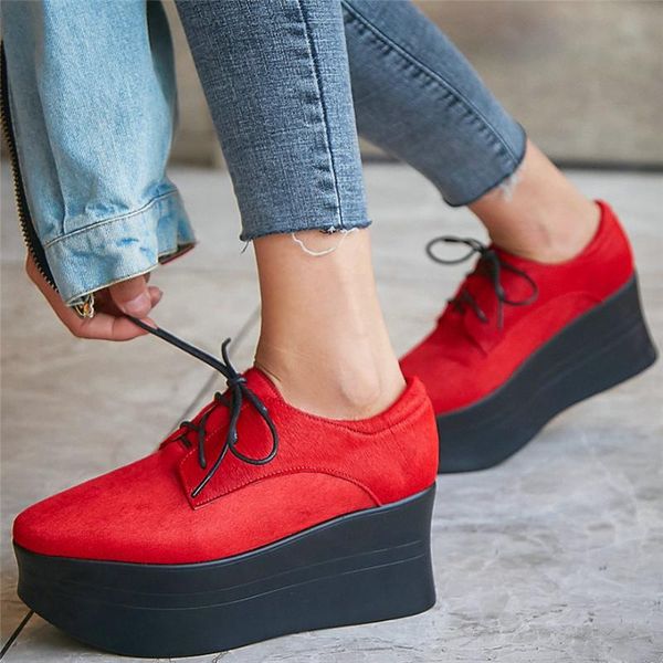 

new platform oxfords women lace up horsehair wedges high heel pumps shoes female low round toe fashion sneakers casual shoes, Black