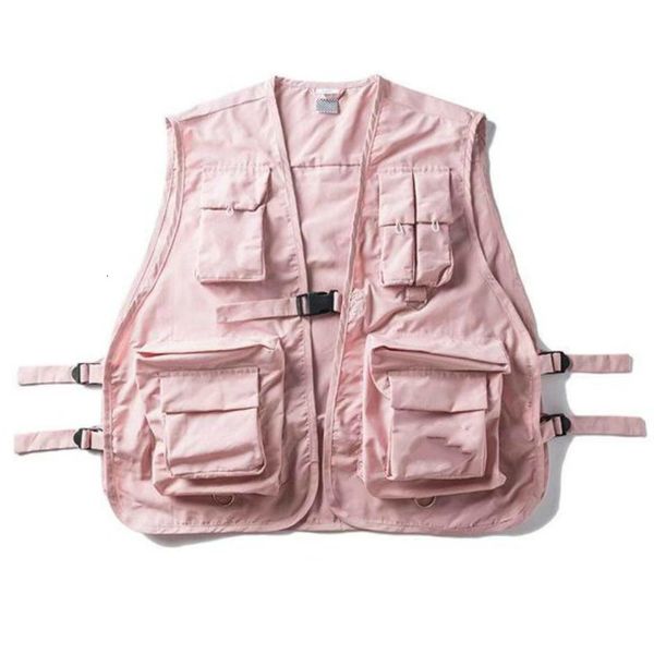 

pink multifunction cargo vest loose baggy buckle tank plus size fashion man women, White