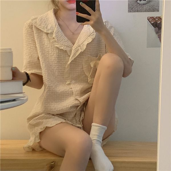 

manya summer 2020 new korean style comfortable home loose all-match ruffled home pajamas pajamas plaid nightgown suit for women, Blue;red