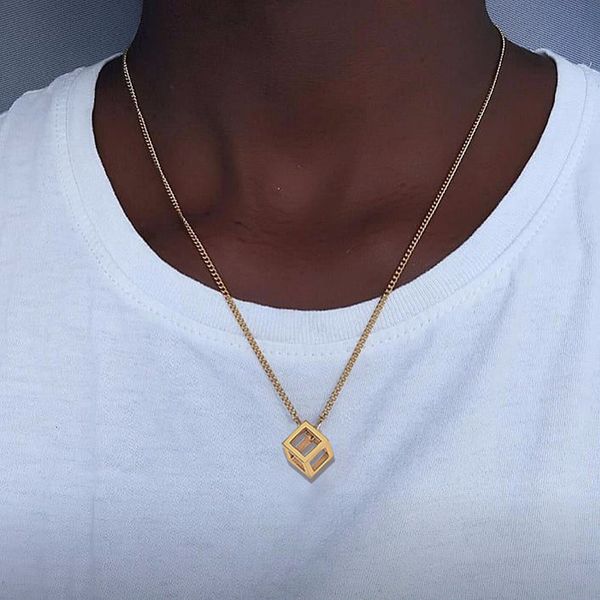 

assorted colors geometric cube pendant men jewelry stainless steel necklace, Silver