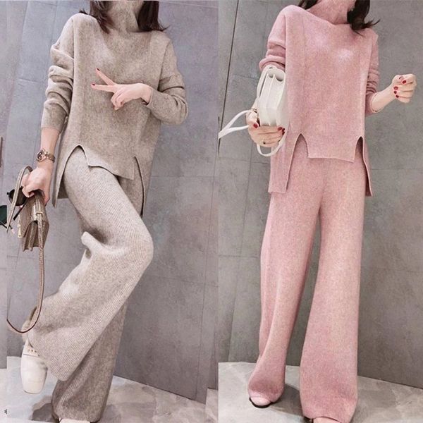 

women 2020 spring autumn casual two piece set female pullover sweater tracksuit high waist knit wide leg pants 2 piece suit y475, White