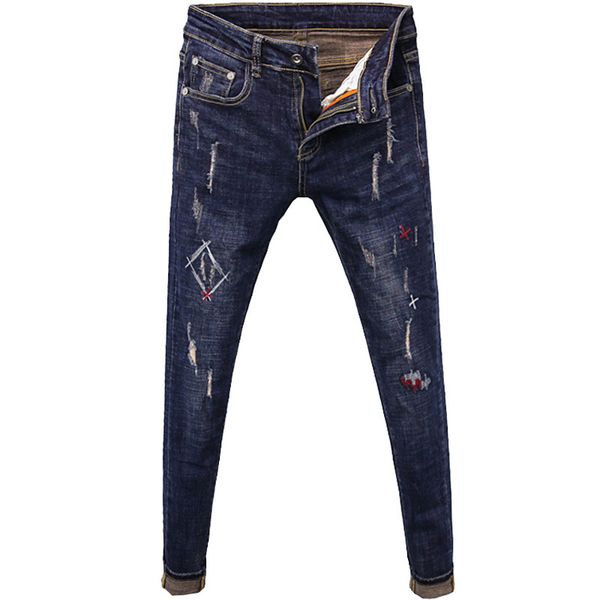 

2020 fashion casual stitching decorative denim jeans men's spring autumn hip hop slim stretch skinny pants men, Blue