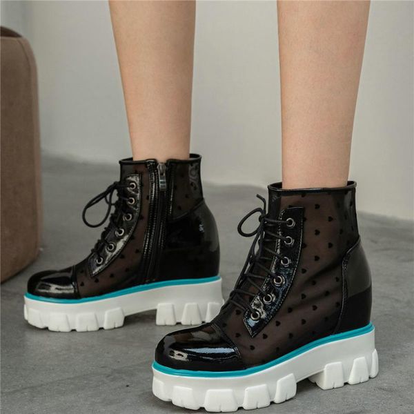 

sandals 2021 high summer ankle boots women lace up patent leather heel gladiator female breathable platform pumps shoes, Black