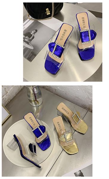 

transparent water drill square buckle slippers women's fashion sandals new golden high heels
