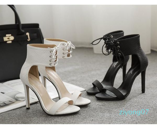 

trendy lace up open toe high heels ankle strap white black shoes pu leather 2018 new size 35 to 40 z07