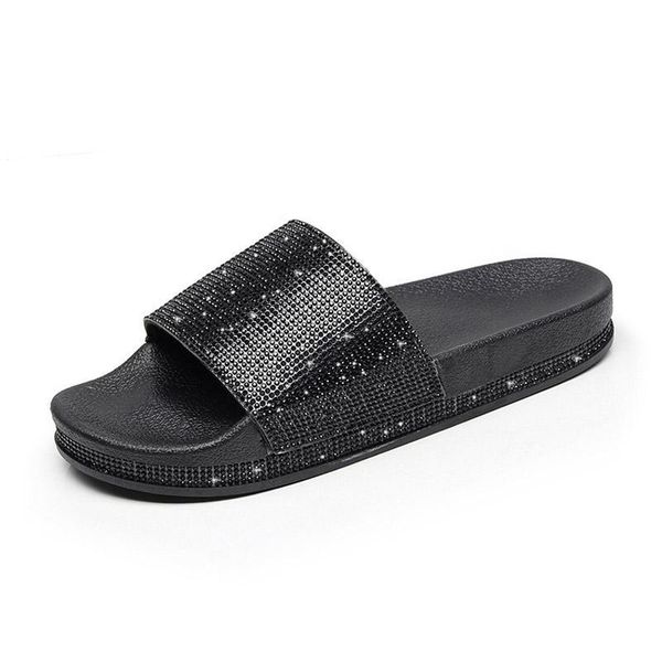 

summer solid flat rhinestone bling slippers home indoor women non-slip crystal slippers beach flip flops women's slides shoes, Black