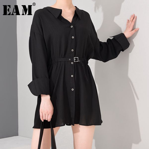 

eam] women black buckle pleated bandage shirt dress new v-neck long sleeve loose fit fashion tide spring summer 2020 1u40201, Black;gray