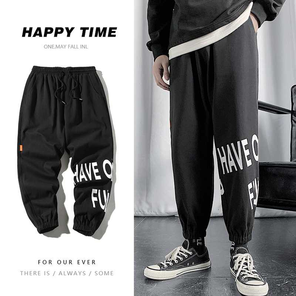 

2020 new autumn men cotton pants men's print casual loose ankle-tied pants sports style men's man, Black