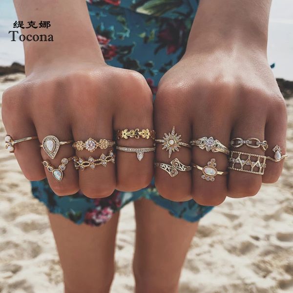 

14 pcs/sets bohemian gold rings sets for women clear crystal stone star geometric wedding rings jewelry, Golden;silver