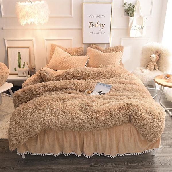 

camel color gray white pink fleece fabric winter thick faux fur bedding set mink velvet duvet cover bed skirt pillowcases