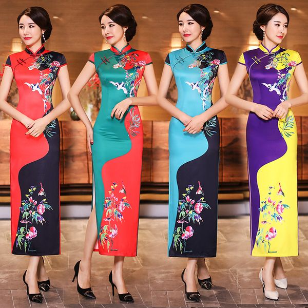 

ethnic clothing chinese national spring cheongsam long dress women qipao mandarin collar evening party vestidos, Red