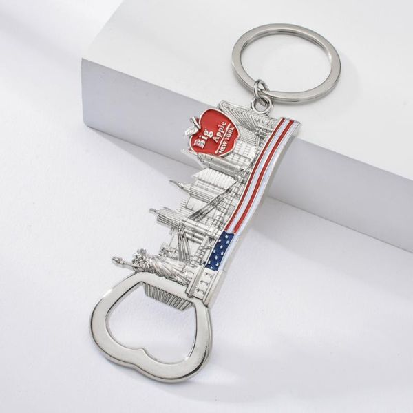 

red big apple statue of liberty emboss pattern keychain united states style souvenir bottle opener multi-function key ring, Silver