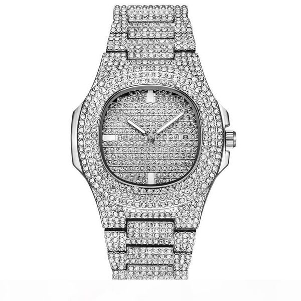 

mens watches luxury full steel rhinestone dourado quartz wristwatch fashion diamond watch montres de marque de luxe, Slivery;brown
