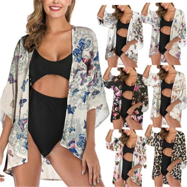 

sun protection chiffon shirt fashion vintage printed kimono shawl shirts designer women shirts new female summer half sleeve beach, White