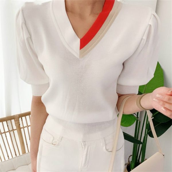 

2020 летний корейский вязаная цвет блокированных tshirts топы женщин puff рукавом v-образным вырезом моды вскользь тройники рубашки элегантн, White;black