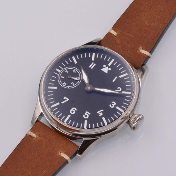 

oumashi 44mm vintage pilot hand winding watch seagull st3600 movement 6497 fashion leather luminous mens mechanical wristwatch, Slivery;brown