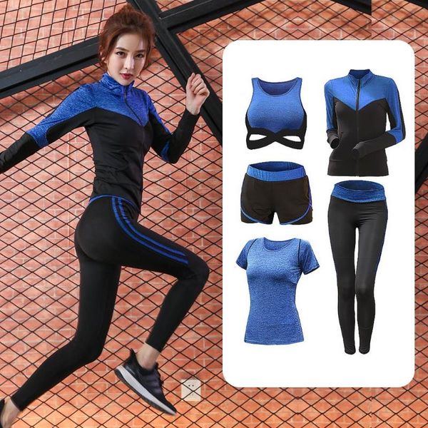

sport set women quick dry yoga set 5 piece female long pants short sleeve outdoor sport fitness suit plus size for woman, White;red