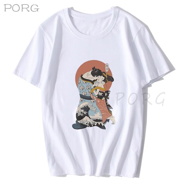 

the kiss ukiyo-e graphic streetwear men's clothing harajuku oversized t-shirt printed cotton tshirt men japanese anime shirt, White;black