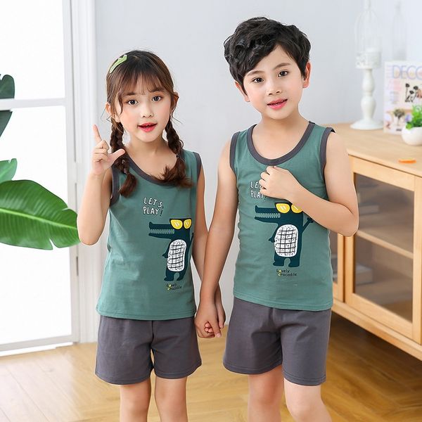 

hnuxq new two-piece clothing sleeveless women's small and medium-sized men's thin summer cotton pants vest set children's ves, Blue