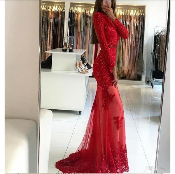 

2020 scoop neck long sleeves mermaid prom dresses red lace appliques slim petite beaded backless ladies evening party gowns custom