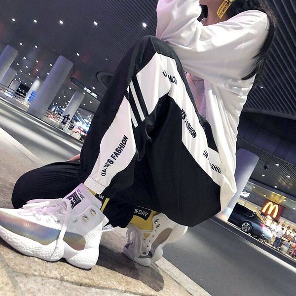 

2020 casual baggy black pants women sweatpants joggers patchwork striped sweat pants print high waist trousers streetwear women, Black;white