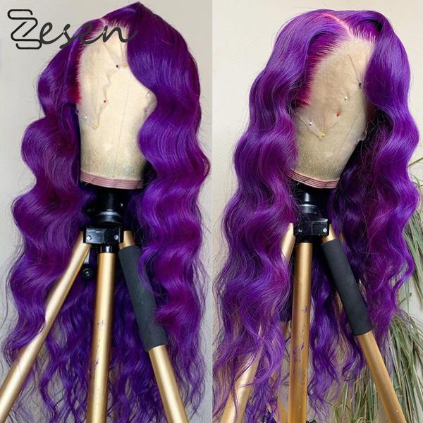 

zesen body wave synthetic lace front wig with natural hairline 180% density heat resistant body wave wigs purple color, Black