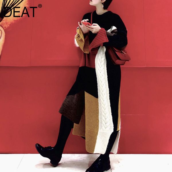 

deat leisure o neck patchwork contrast color full sleeve ankle length dresses women loose dress 2020 autunmn winter new td614, Black;gray