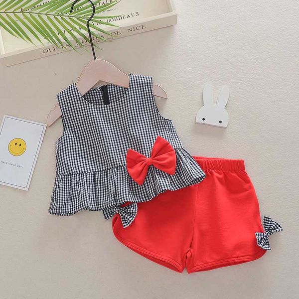 

kids girls summer clothing set new fashion children sleeveless plaid +shorts 2 pcs children girls outfits 1-4y, White