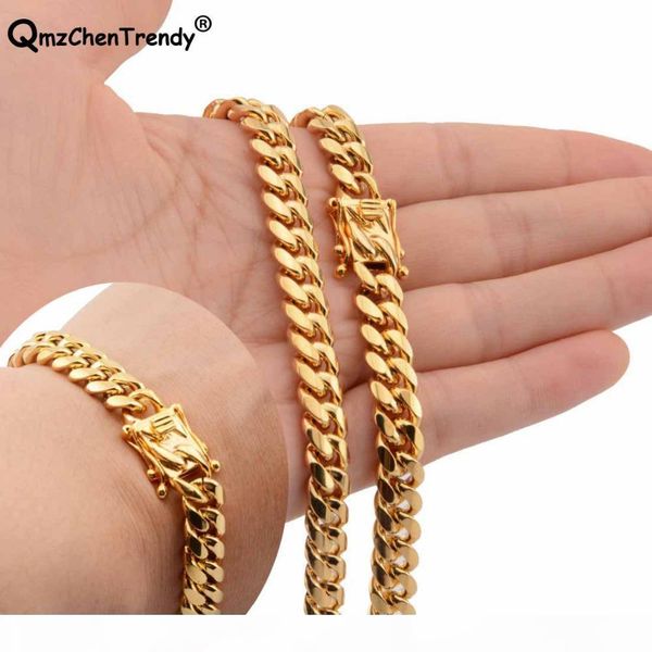 

8mm hip hop mens chain miami curb cuban necklaces bracelets 316l stainless steel hip hop golden curb men boy jewelry sets, Silver