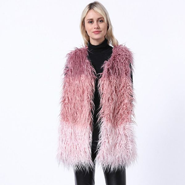 

women's vest 2020 winter female fur coats from artificial fur gilet casual long vests color stitch elegant pink warm outwear, Black