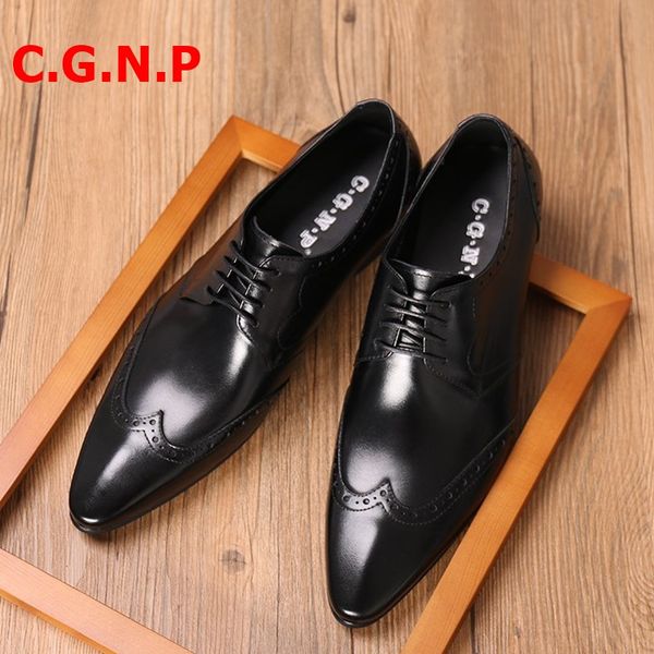 

c.g.n.p genuine leather mens shoes fashion lace-up brogue derby dress shoes breathable formal office, Black