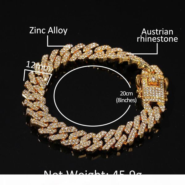 

12mm miami cuban link chain necklace bracelets set for mens bling hip hop iced out diamond gold silver rapper chains women luxury jewelry